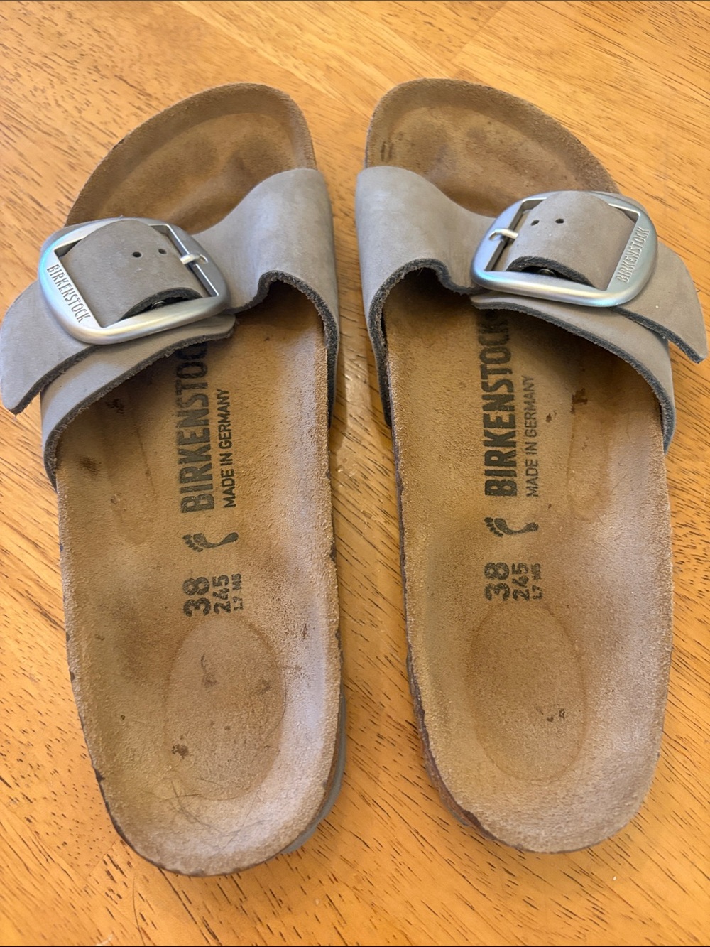 Birkenstock Taupe Single Strap Slide Sandals with Silver Buckles